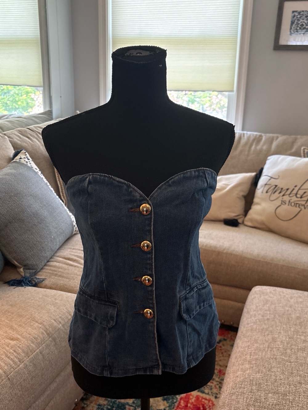 Sincerely Jules Dark Blue Denim Strapless Corset Top with Gold Buttons